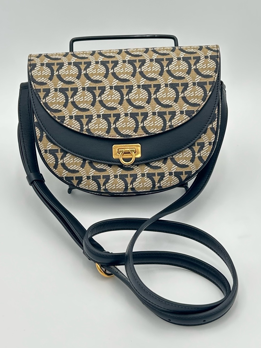 Salvatore Ferragamo Black and Tan Logo Saddle Crossbody